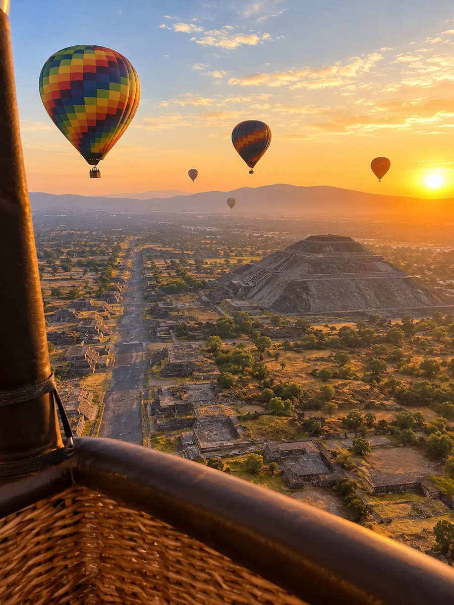 Vue depuis la nacelle d'une montgolfière au-dessus des pyramides de Teotihuacan au lever du soleil