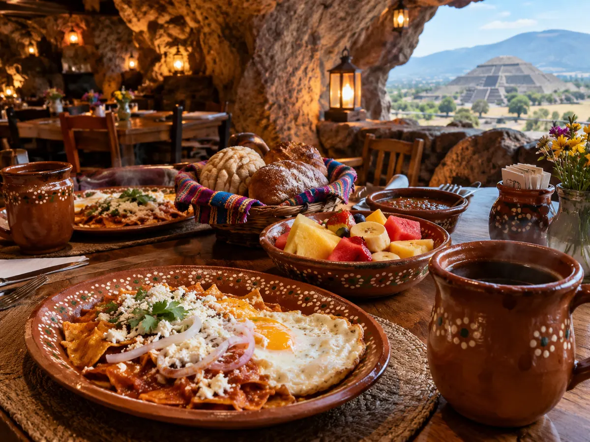 Table de petit-déjeuner avec des chilaquiles et du café dans une grotte éclairée par des lanternes