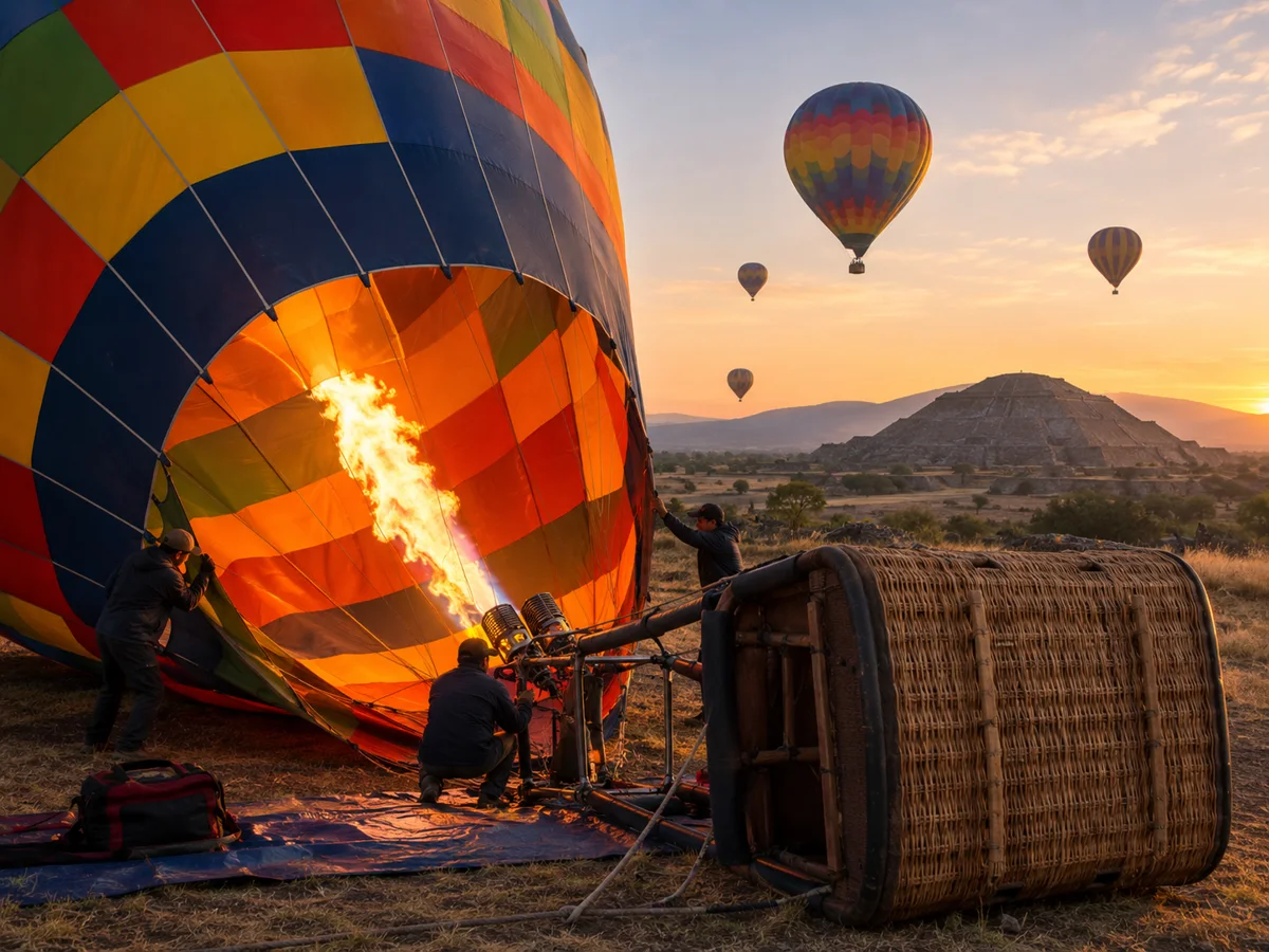 Équipe gonflant une montgolfière colorée à l'aube avec la flamme du brûleur qui brille