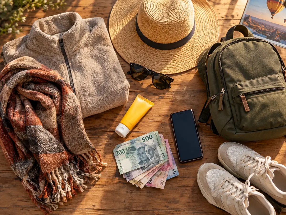 Veste chaude, chapeau, lunettes de soleil, crème solaire et pesos préparés pour un vol en montgolfière